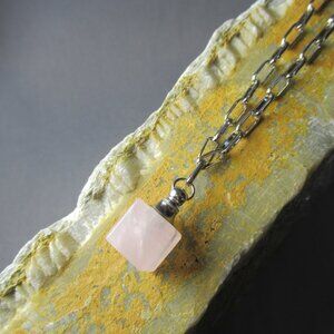 Cube Rose Quartz Necklace, Gemstone Perfume Bottle Pendant